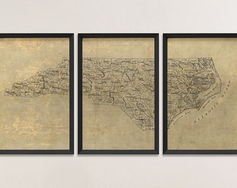 Old North Carolina Map Art Print 1893 Antique Map Archival Reproduction, Set of 3 Prints