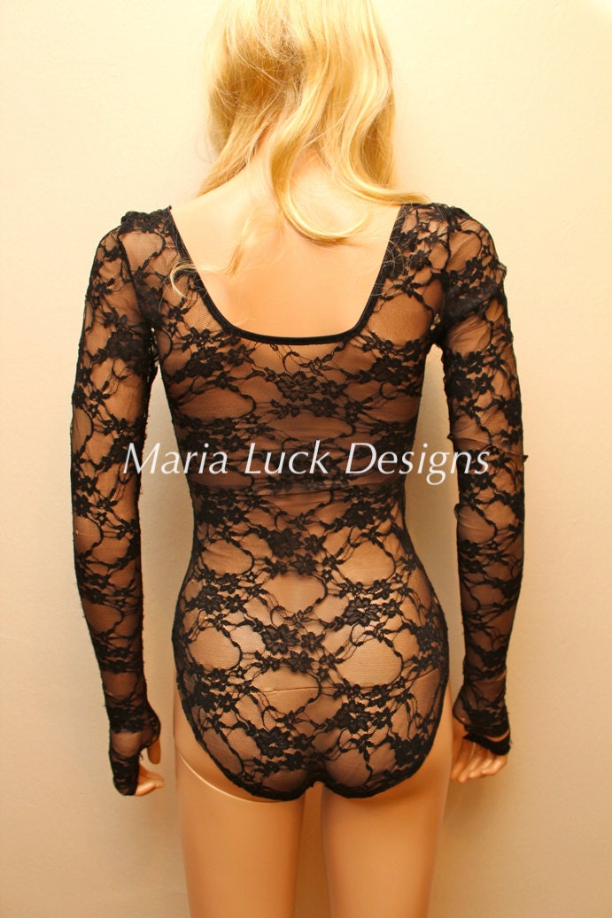 Black Lace leotard long sleeves sheer see through aerial