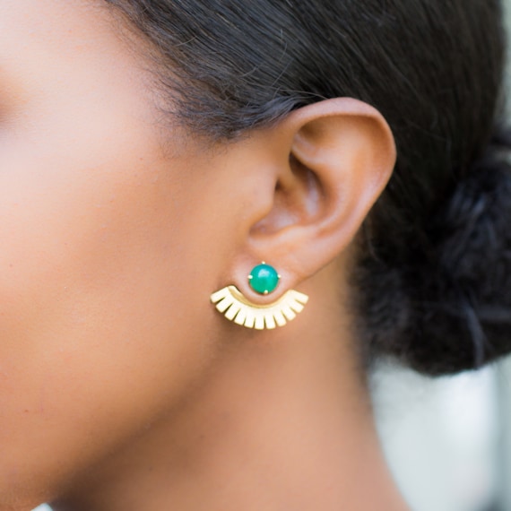 Green Onyx Wings/ Ear Cuffs/ Ear Jackets/ Earjackets/ Gold Ear Cuffs/ Lanie Lynn Vintage Jewelry/ Edgy Earrings/ Interchangeable Earrings