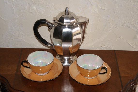 Vintage Tea For Two Set Art Deco Silverplate Teapot And Lot of 2 Czechoslovakian Cups And Saucers Marked Union K