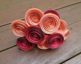 Paper Flower Bouquet - Rose and Peach Paper Flower Bouquet - Handmade Rolled Paper Flower Bouquet for Brides, Weddings, Mother's Day