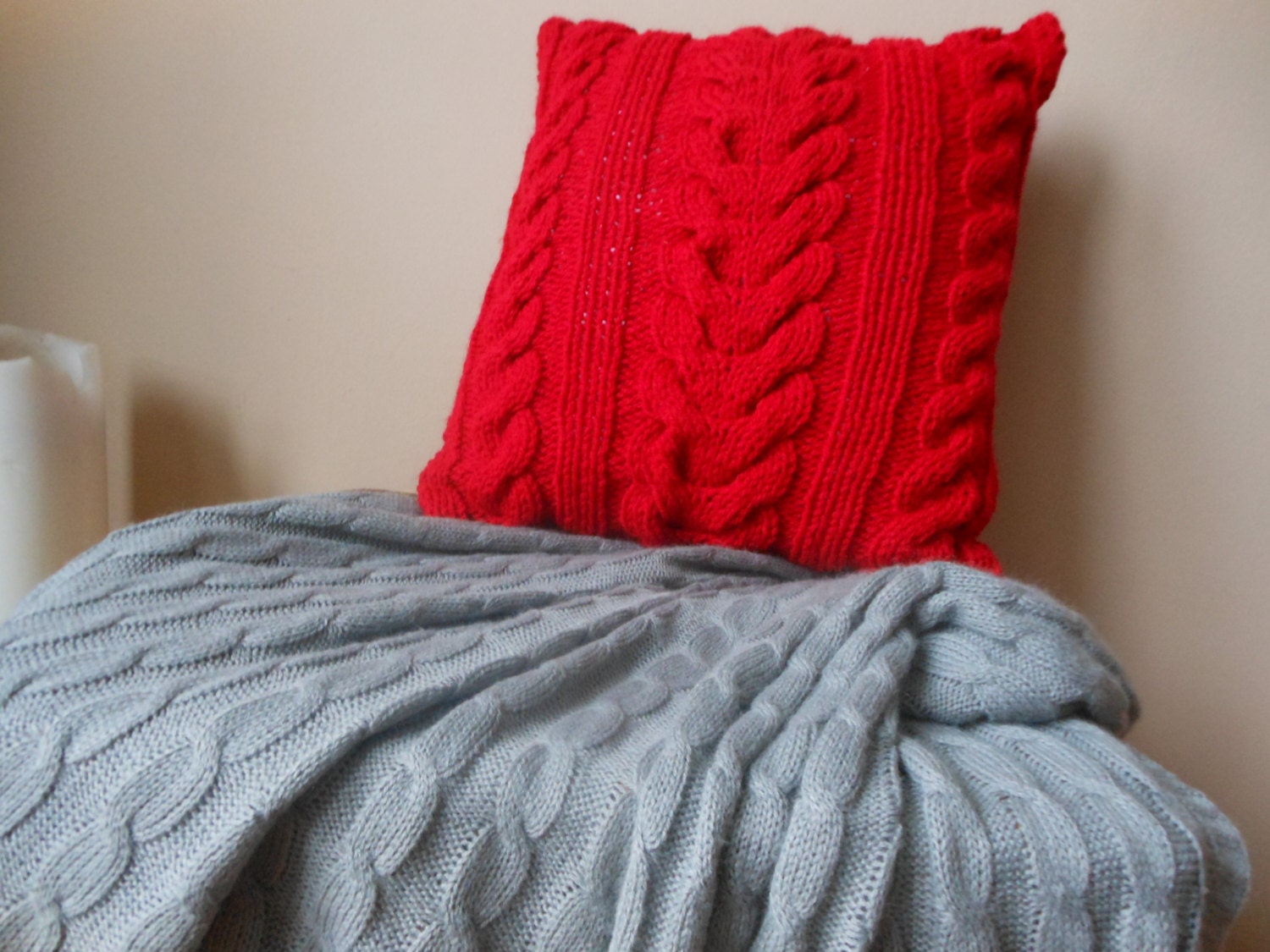 Cable Hand Knit Pillow Cover Pillow Red Pillow Decorative Knit