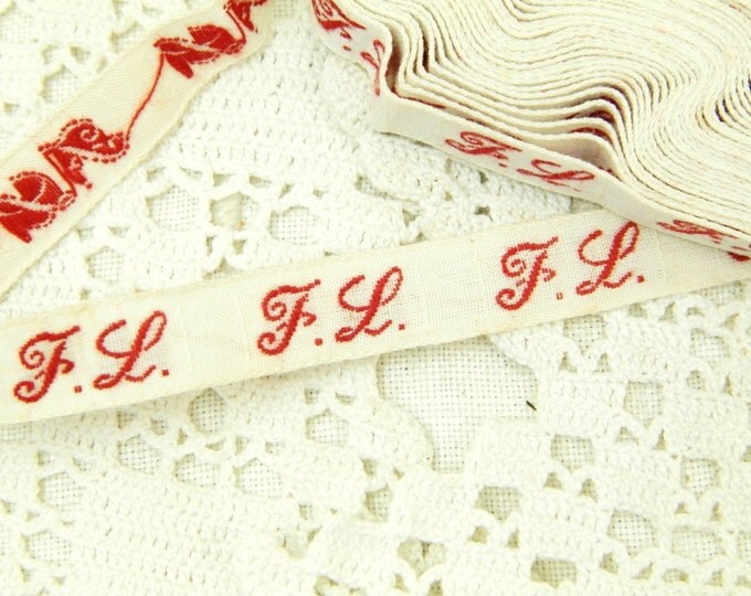 250 cm / 2.7 yards Antique French Unused Reel of Cotton Laundry Label Monogram F L, Vintage Haberdashery Sewing Craft, Retro French Country