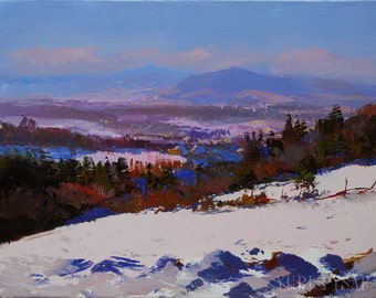 Abstract landscape oil painting, Winter painting impressionist art, Snowy nature artwork mountain painting by Yuri Pysar