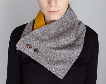 Wool button scarf - neckwarmer in grey herringbone wool with mustard