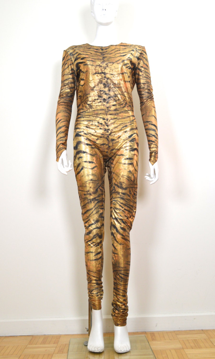 Gold Lamé Catsuit: wet look catsuit / tiger by MyrtleBedford