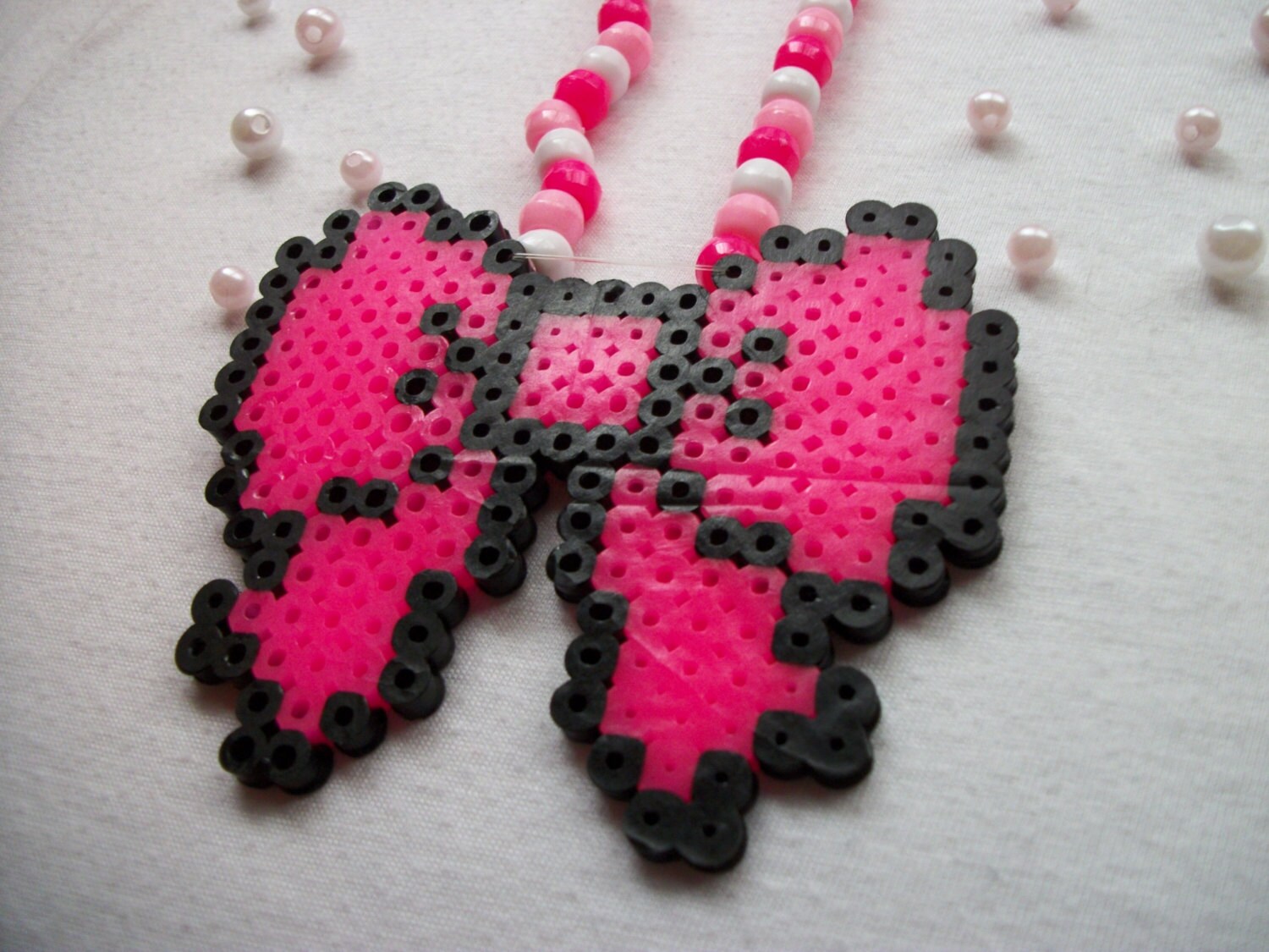 Cute Pink Kandi Necklace with Perler Bead Bow