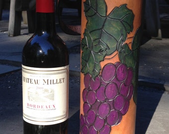 Wine Quiver / Wine Tote Tooled Leather in Purple and Brown - GRAPPE