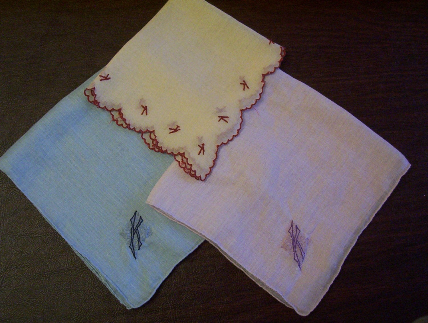 3 Vintage Monogrammed Hankies Embroidered Initial K Cotton Colored ...