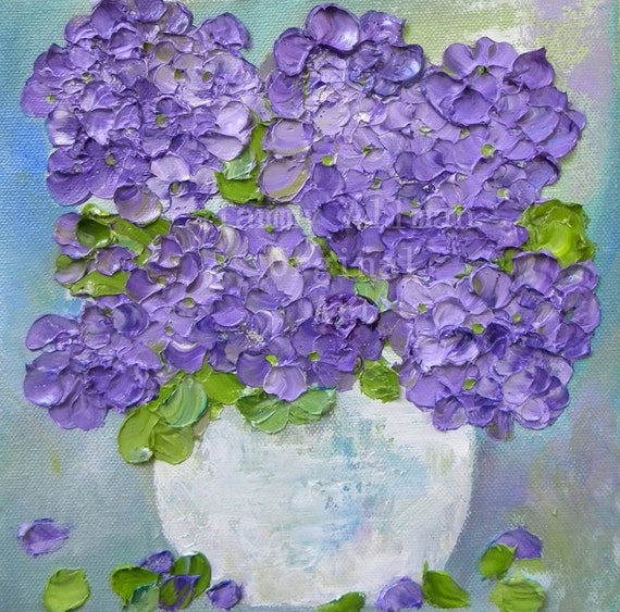 Purple Hydrangeas Oil Painting, Hydrangea Oil Impasto. Palette Knife 