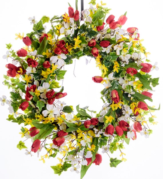 Spring Wreath Summer Wreath Tulip Forsythia and Dogwood