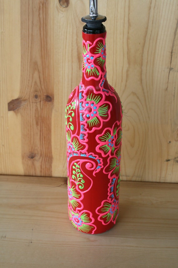 Ready To Ship Hand Painted Wine Bottle Olive Oil Pourer Red