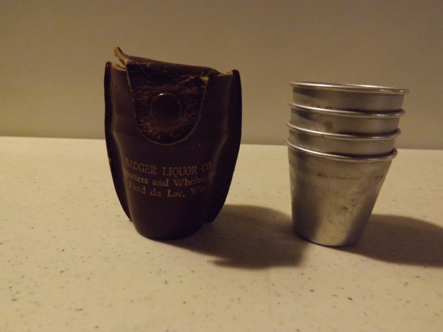 Vintage Leather Shot Glass Case with Four Metal Shot Glasses