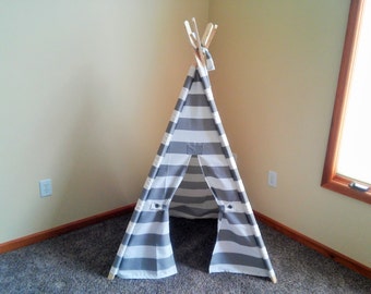 Small Kids Teepee Gray and White Stripe Kids Tent 36" shown available larger- Gray Stripe play tent- play fort Small kids teepee