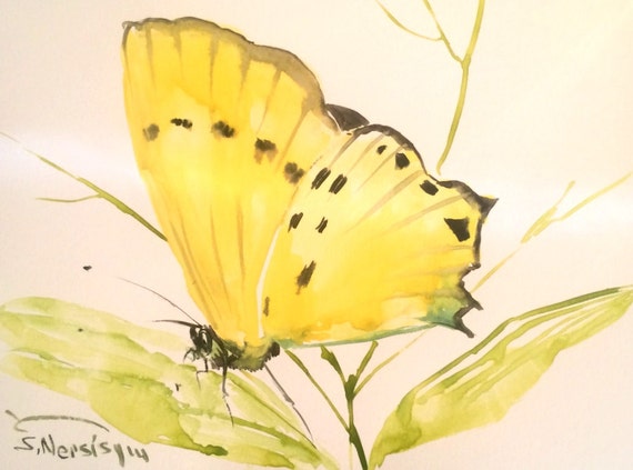 Yellow Butterfly Original watercolor painting 6 X 8 in