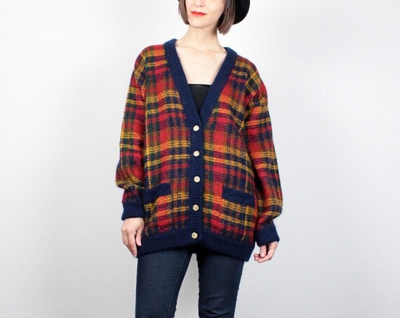 Vintage 80s Plaid Sweater Mustard Gold Red by ShopTwitchVintage
