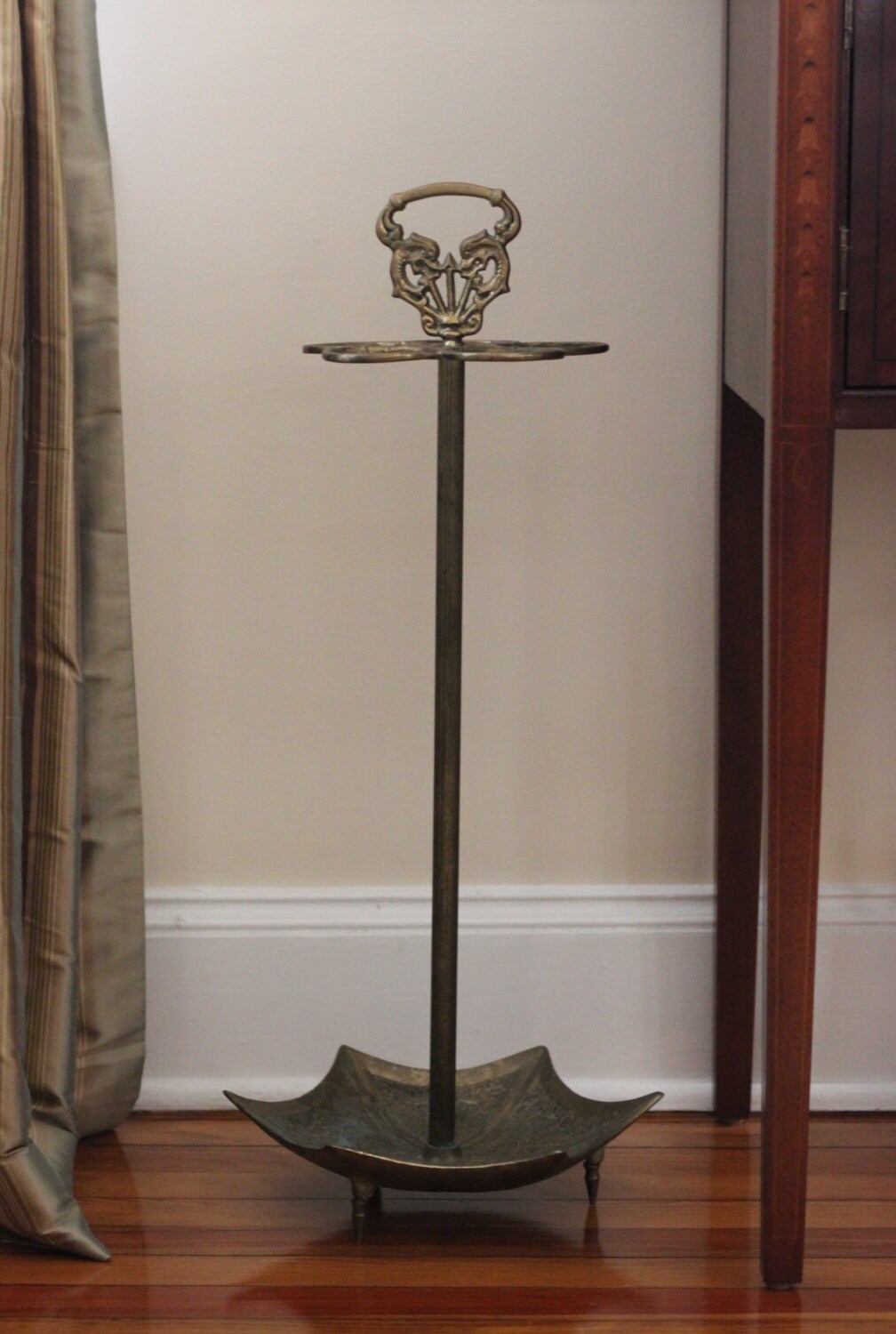 Tall Five-Ring Vintage Brass Umbrella Stand or Cane Stand
