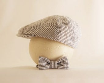 Newborn boy prop, gray seersucker newborn hat and tie set, baby boy gift idea, baby boy shower idea - made to order