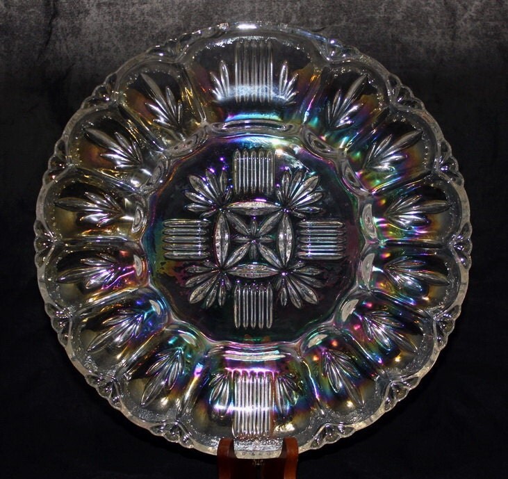 Vintage Federal Glass Rainbow Iridescent Egg Tray Plate Beautiful! Haute Juice