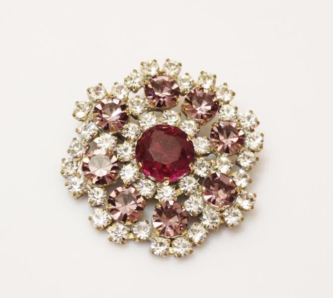 Vintage Rhinestone large Pin brooch red pink by orlysvintageplace