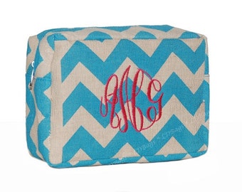 Personalized Cosmetic Bag | Monogrammed Cosmetic Bag | Travel Cosmetic Bag | Make Up Bag | Chevron Make Up Bag | Aqua Chevron Cosmetic Bag