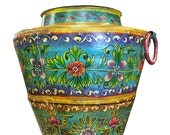 Antique Decorative Vase Floral Design Hand Painted Metal Planter-Colorful Vase