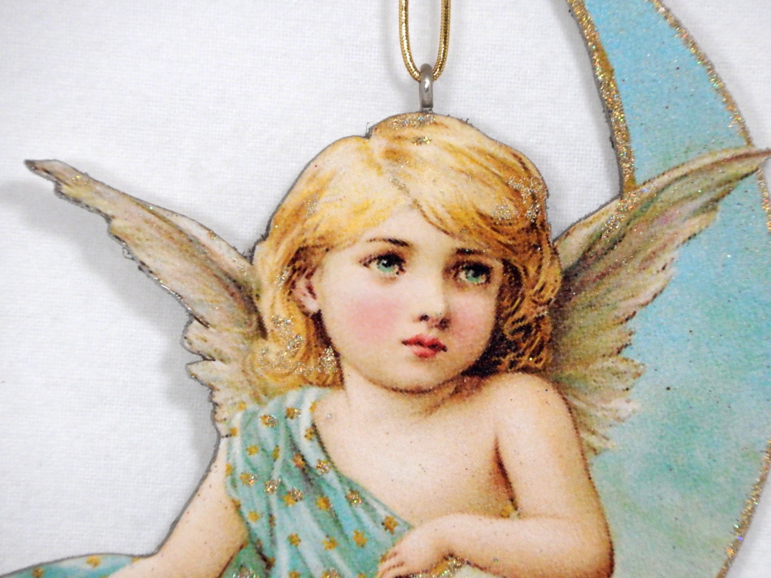 Christmas Victorian Wood Ornament, Angel Gazing from the Moon