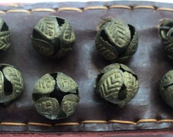 BELLS, Old Brass Bells, Vintage Bells, India Bells, Brass Round Bells, Lotsa Patina, Strip of 16 Bells, UN Known Purpose