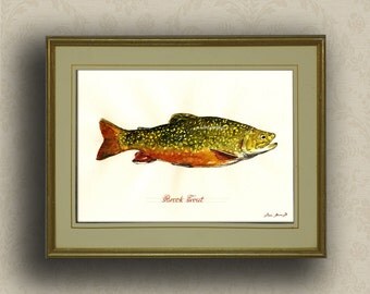 PRINT-Brook trout fish fly fishing river print watercolor painting art wall brook trout portrait - Art Print by Juan Bosco