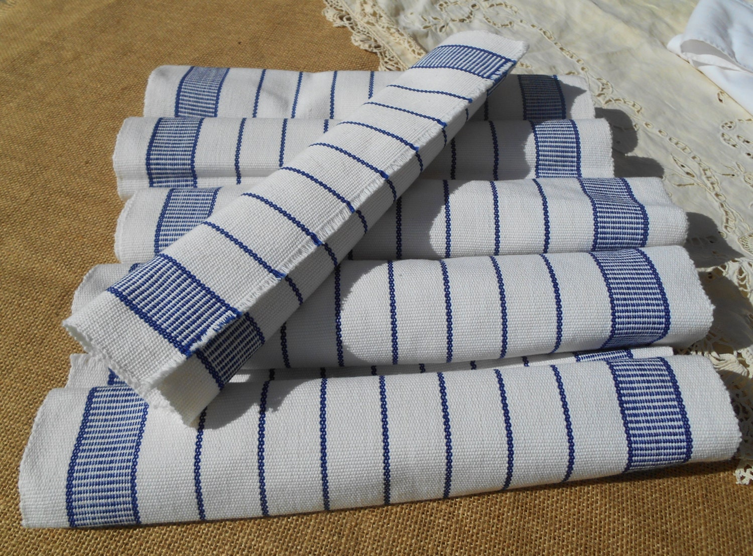 6 Blue Stripes Woven Cotton Placemats Unused White with Blue