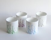 Set of 4 China Mugs / Cups with Grasses/Twigs Motif in Pink, Grey, Blue & Green