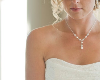 Bridal Necklace Pearl, Wedding Necklace, Crystal and Pearl Y Necklace, Bridal Jewelry, Drop Pearl Necklace
