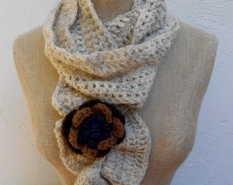 Scarf Hand Crocheted in Oatmeal with Brown Flower.