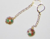 Cloisonné Earrings with Gold Plated Spring Clips and Gold Chains, Dark Beige Multi-color Cloisonné Bead Dangle Earrings