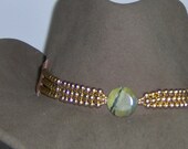 Gold Bead with Green Jade Disc Hat-Band  Genuine Leather with Gold Tone Studs and Waxed Twine