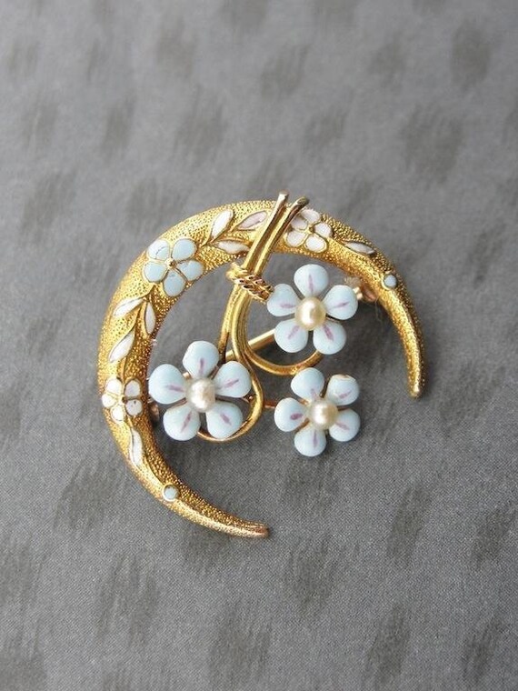 Download Something Blue, Crescent Moon And Enameled Flowers Brooch ...