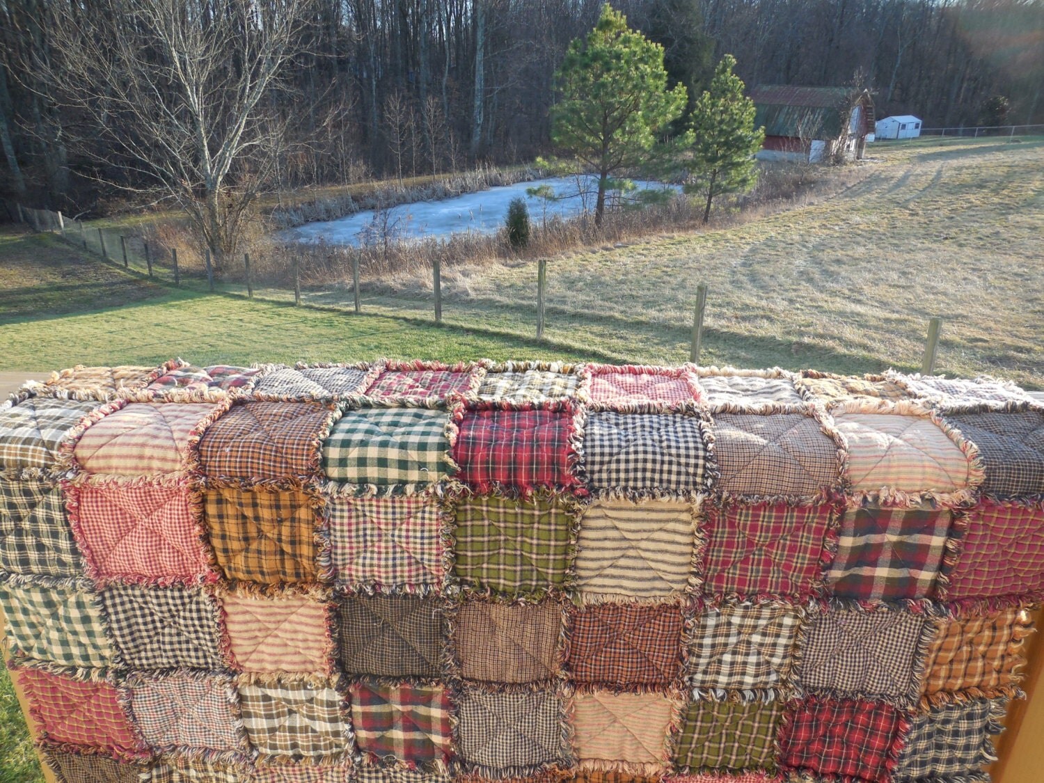 Primitive Rustic Reversible Homespun Rag Quilt From Twin