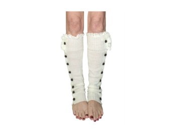 Off White Slouchy Button Down Leg Warmers w/Ivory Knit Lace