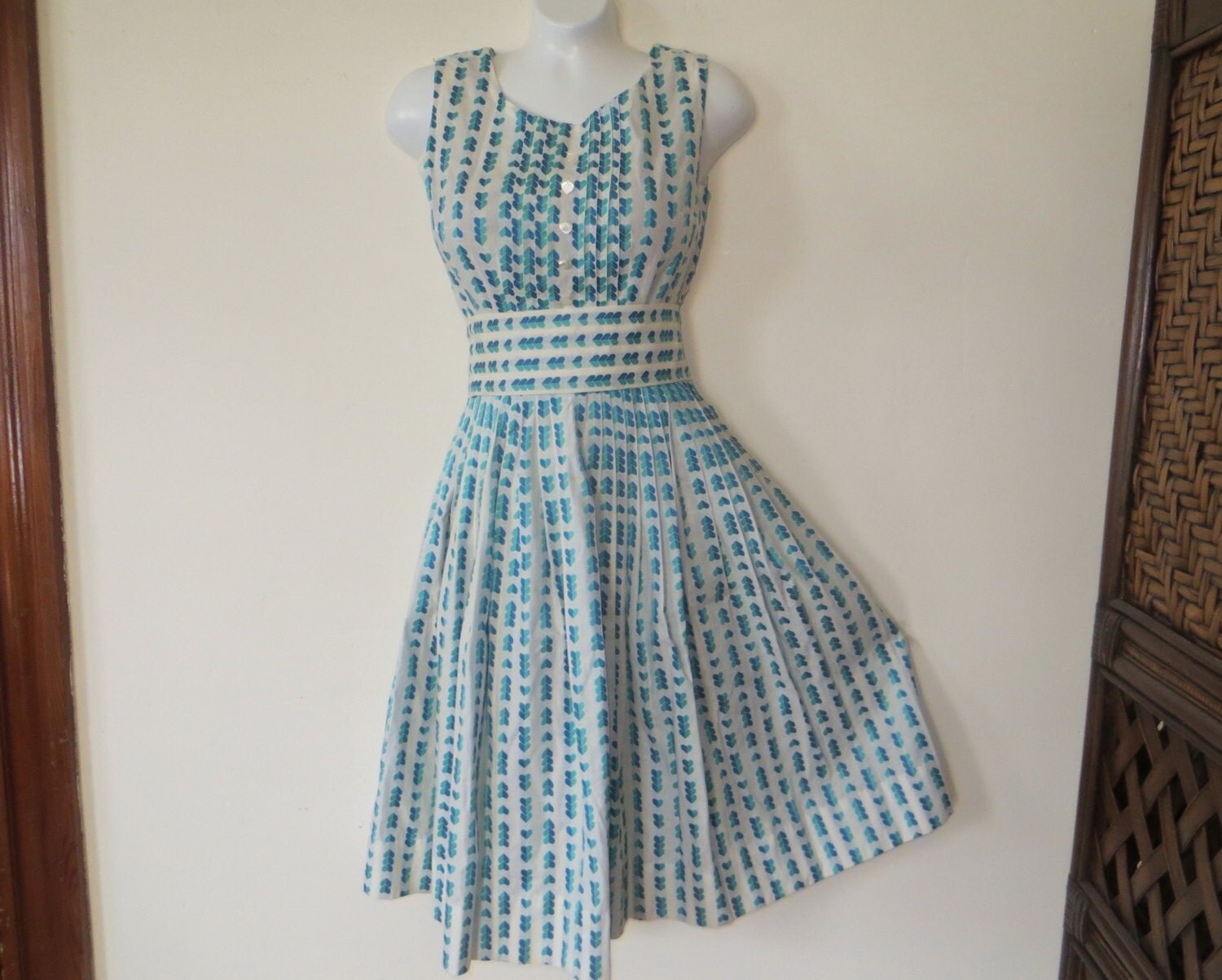 Vintage 50s Day Dress Fit and Flare White Cotton by Yesterwears