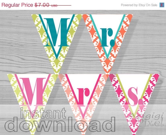 ON SALE 70 % OFF Mr. & Mrs. banner, printable , summer wedding , engagement, bunting banner, wedding shower, Diy wedding photo prop, Pdf Il_570xn