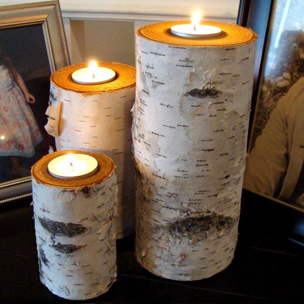Real Birch Log Tealight Candle Holder Set 3 Great by BINESHIIS