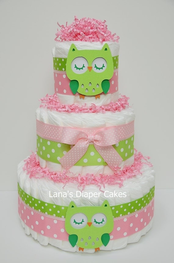 Pink and Green Owl Diaper Cake Baby Shower by LanasDiaperCakeShop