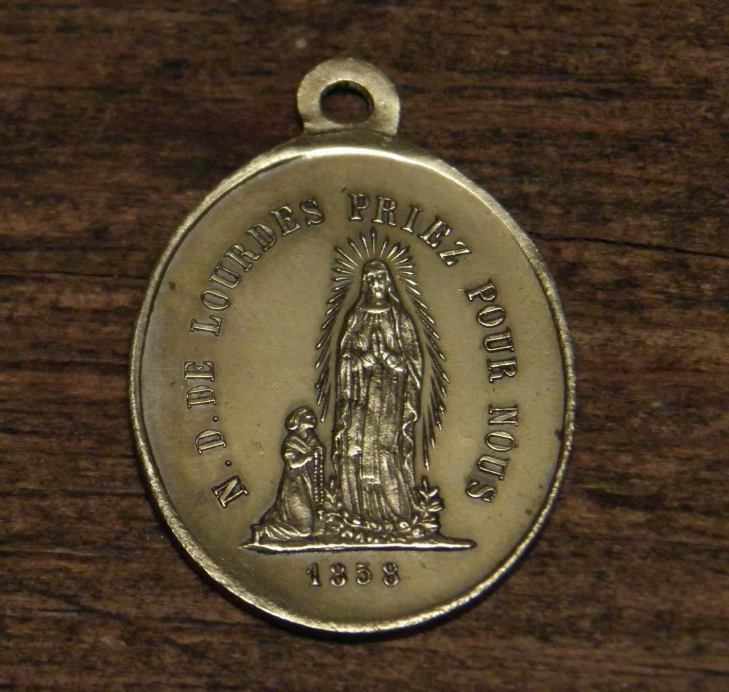 Antique French bronze religious medal pendant our holy virgin