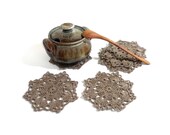 Crochet Coasters Brown Linen,  Table Decor Set of 6, Holiday Table Decor