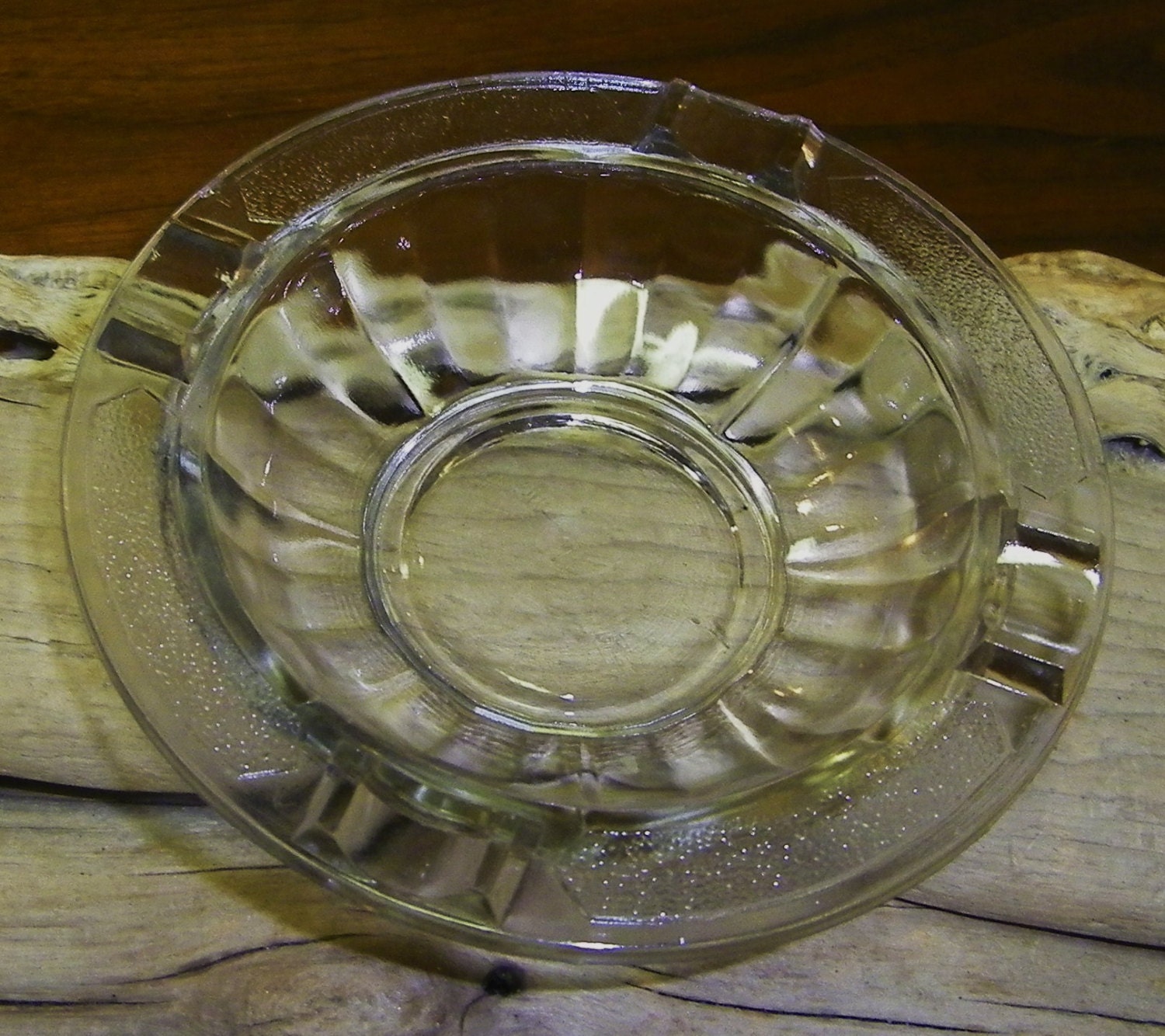 Vintage Round Clear Glass Ashtray with Rough and Smooth