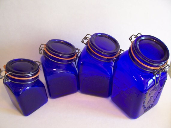 Vintage Cobalt Blue  Glass Kitchen  Canister Set  Granny s