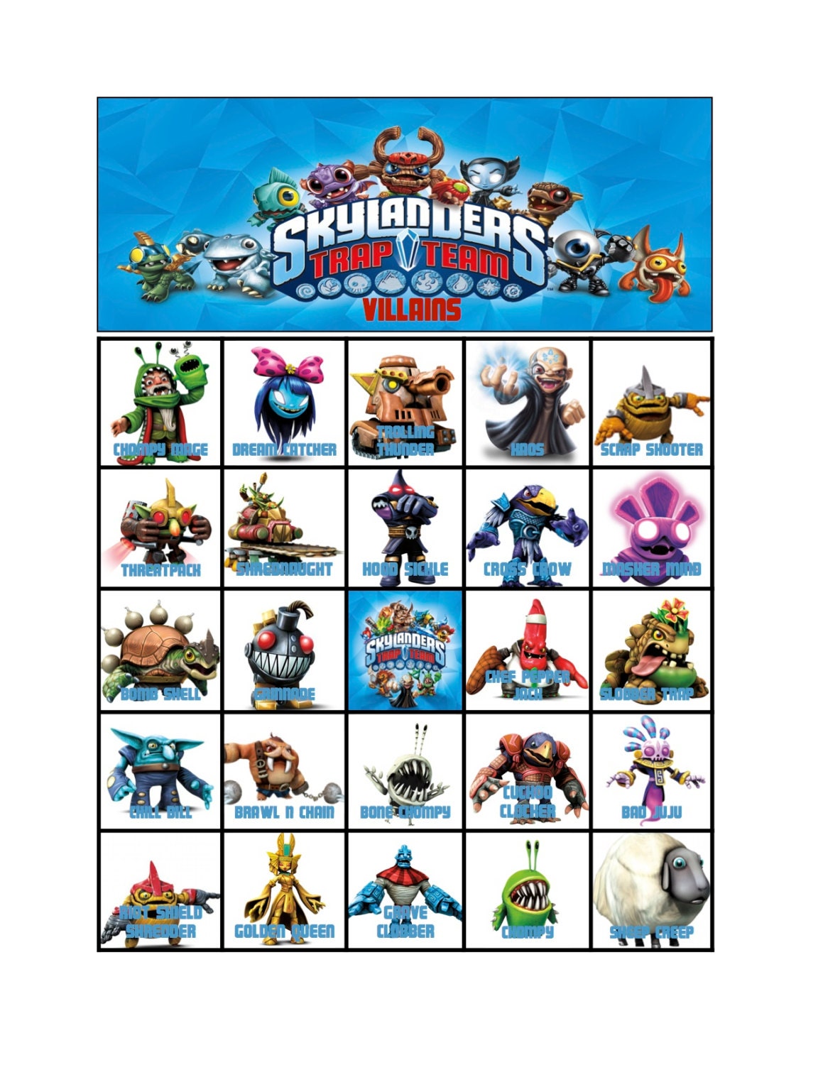 Skylander Trap Team Bingo PRINTED Set 1 10 cards