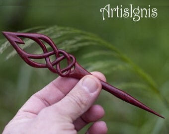 Hair Stick "Celtic Flame" by ArtisIgnis, Double-Sided, Handmade in African Padauk Wood Hair Pin,Gift for her, Wood Anniversary-MADE TO ORDER