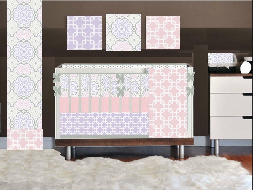 Gray lavender pink Girl Baby Bedding Cot by CustomBEBEtextiles