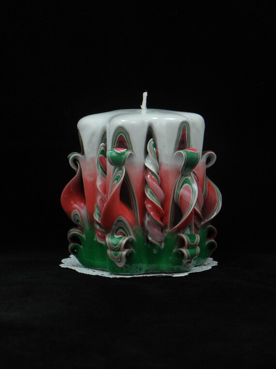 Hand Carved Candle Red and Green Christmas 4 inch